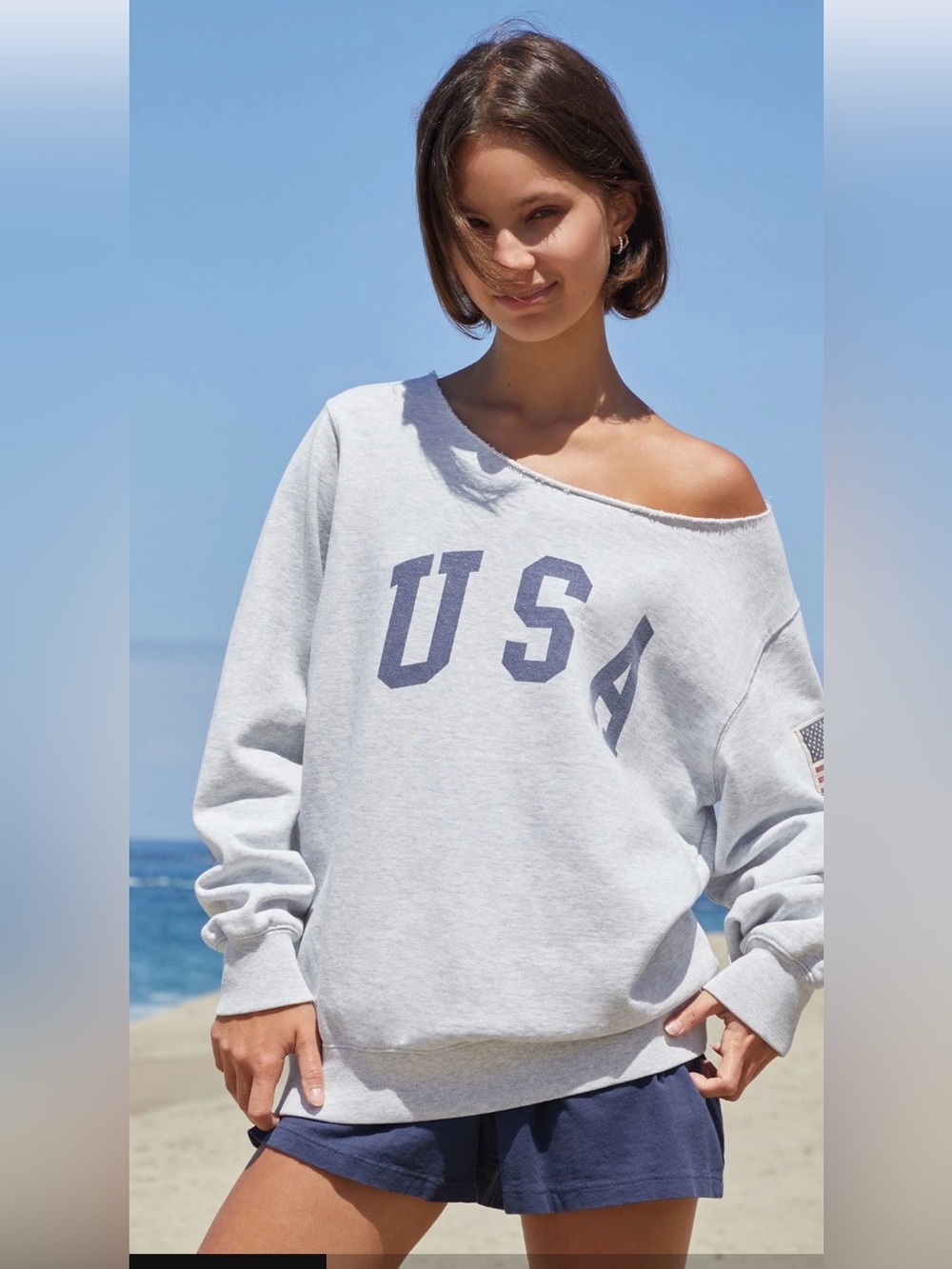 Brandy Melville Gray USA Crewneck Sweatshirt with Navy Lettering